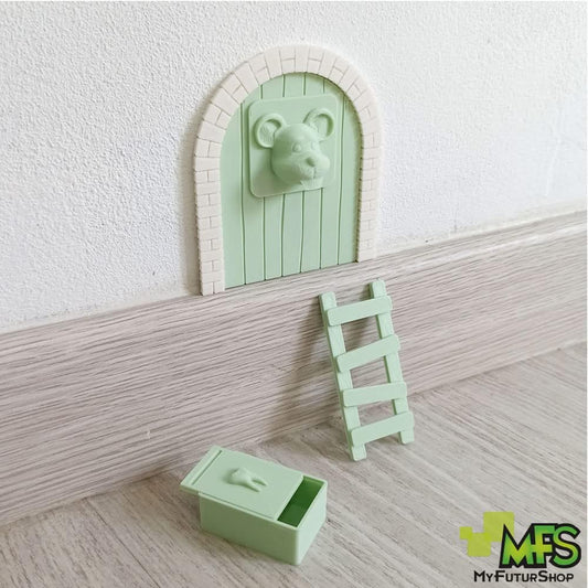 Myfuturshop® Ratoncito Pérez Puerta, Caja para el Diente, Escalera, 4 certificados de Diente Limpio. Regalo Original para niño y niña. VERDE MENTA