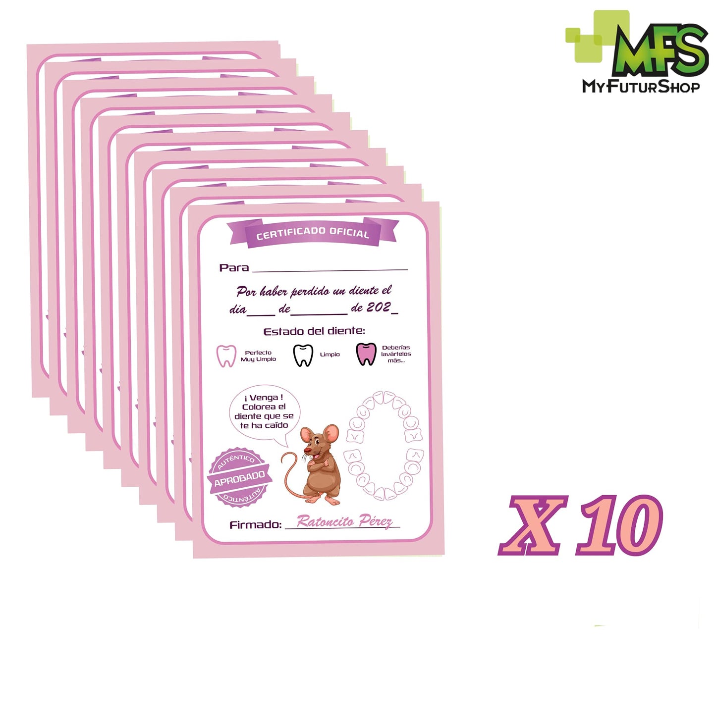 Myfuturshop® Caja dientes de leche + Cartas ratoncito Pérez. Una caja guarda dientes + 10 Certificados de diente limpio. Regalo original para niño y niña. (ROSA)