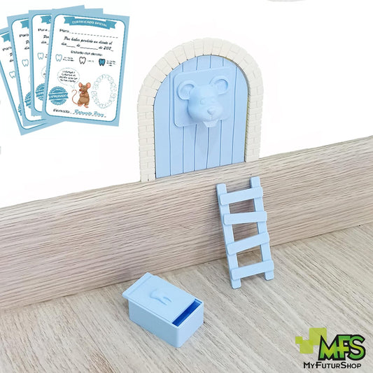 Myfuturshop® Raton Pérez Puerta mágica, Caja para el Diente, Escalera, 4 certificados de Diente Limpio. Regalo Original para niño y niña. Azul