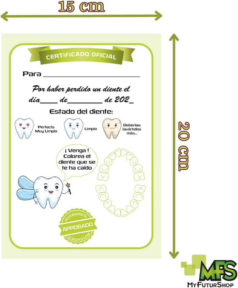 Myfuturshop® Carta HADA DE LOS DIENTES Certificado de diente limpio 10 Unidades. Regalo original para niño y niña. (VERDE)
