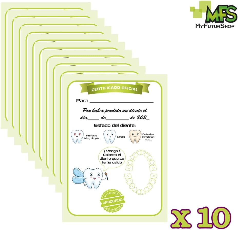 Myfuturshop® Carta HADA DE LOS DIENTES Certificado de diente limpio 10 Unidades. Regalo original para niño y niña. (VERDE)