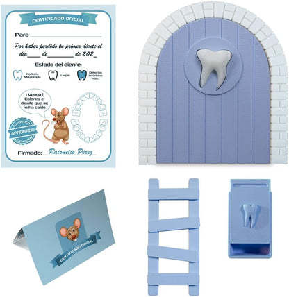 Myfuturshop® Puerta infantil para dejar dientes de leche al Ratoncito Perez. Regalo Original para niño y niña. contiene Caja para los dientes, Escalera y 4 certificados de Diente Limpio. (Azul)