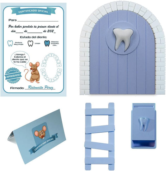 Myfuturshop® Puerta infantil para dejar dientes de leche al Ratoncito Perez. Regalo Original para niño y niña. contiene Caja para los dientes, Escalera y 4 certificados de Diente Limpio. (Azul)