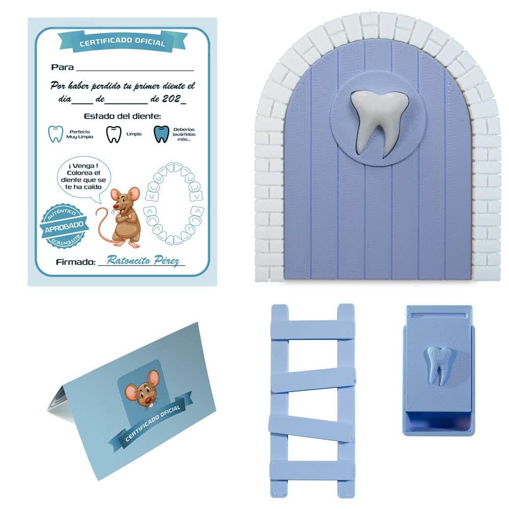 Myfuturshop® Puerta infantil para dejar dientes de leche al Ratoncito Perez. Regalo Original para niño y niña. contiene Caja para los dientes, Escalera y 4 certificados de Diente Limpio. (Azul)