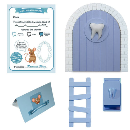 Myfuturshop® Puerta infantil para dejar dientes de leche al Ratoncito Perez. Regalo Original para niño y niña. contiene Caja para los dientes, Escalera y 4 certificados de Diente Limpio. (Azul)