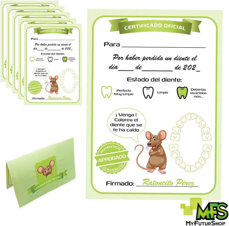 Myfuturshop® Ratoncito Pérez Puerta, Caja para el Diente, Escalera, 4 certificados de Diente Limpio. Regalo Original para niño y niña. VERDE MENTA