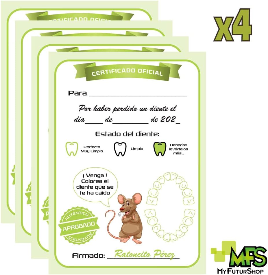 Myfuturshop® Ratoncito Pérez Puerta, Caja para el Diente, Escalera, 4 certificados de Diente Limpio. Regalo Original para niño y niña. VERDE MENTA