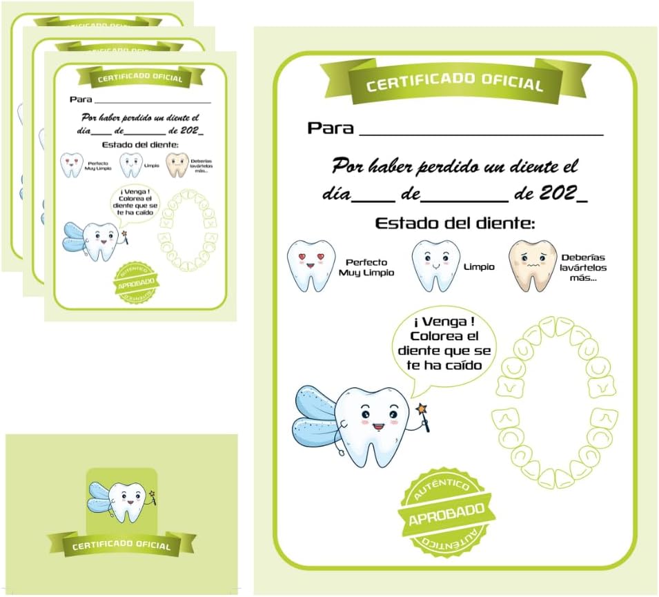 Myfuturshop® Carta HADA DE LOS DIENTES Certificado de diente limpio 10 Unidades. Regalo original para niño y niña. (VERDE)
