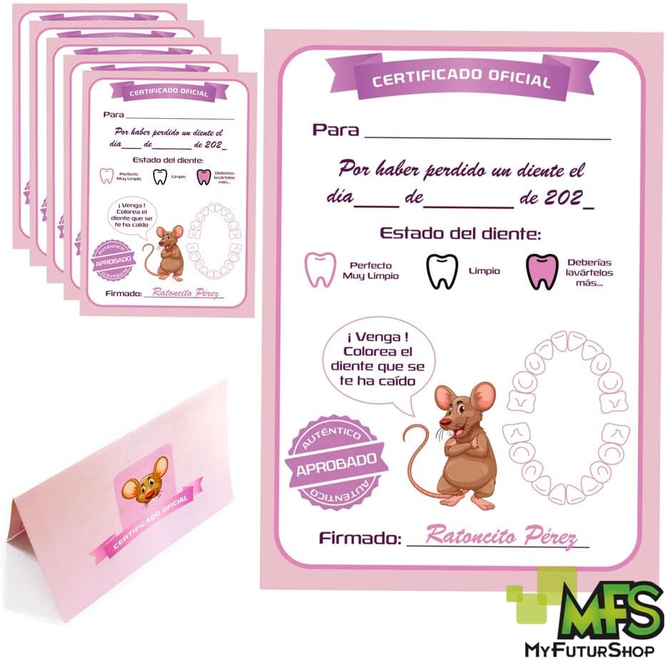 Myfuturshop® Raton Pérez Puerta mágica + Caja para el Diente + Escalera + 4 certificados de Diente Limpio. Regalo Original para niño y niña. (ROSA PASTEL)