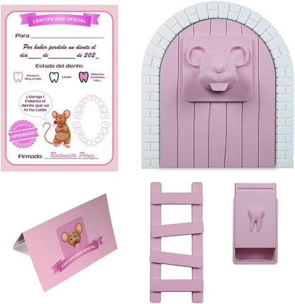 Myfuturshop® Raton Pérez Puerta mágica + Caja para el Diente + Escalera + 4 certificados de Diente Limpio. Regalo Original para niño y niña. (ROSA PASTEL)