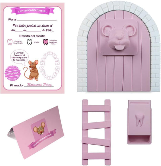 Myfuturshop® Raton Pérez Puerta mágica + Caja para el Diente + Escalera + 4 certificados de Diente Limpio. Regalo Original para niño y niña. (ROSA PASTEL)