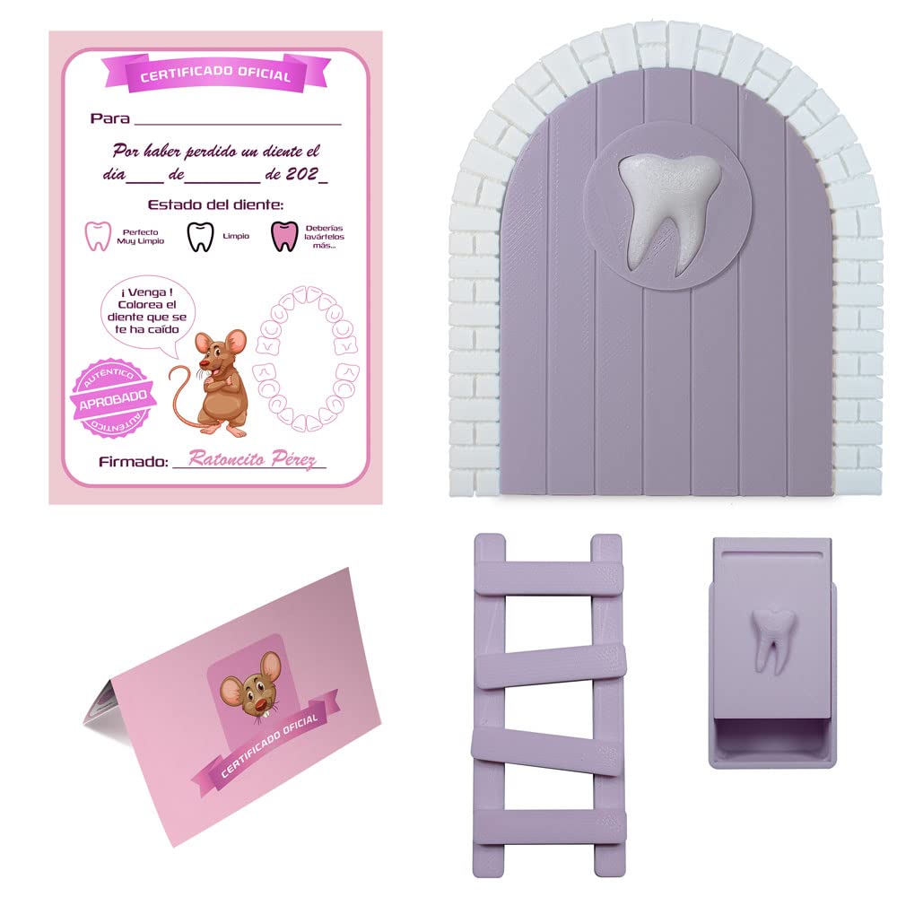 Myfuturshop® Puerta infantil para dejar dientes de leche al Ratoncito Perez. Regalo Original para niño y niña. contiene Caja para los dientes, Escalera y 4 certificados de Diente Limpio. (Azul)