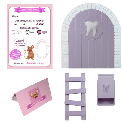 Myfuturshop® Puerta infantil para dejar dientes de leche al Ratoncito Perez. Regalo Original para niño y niña. contiene Caja para los dientes, Escalera y 4 certificados de Diente Limpio. (Azul)