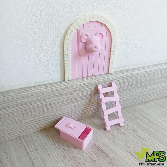 Myfuturshop® Raton Pérez Puerta mágica + Caja para el Diente + Escalera + 4 certificados de Diente Limpio. Regalo Original para niño y niña. (ROSA PASTEL)