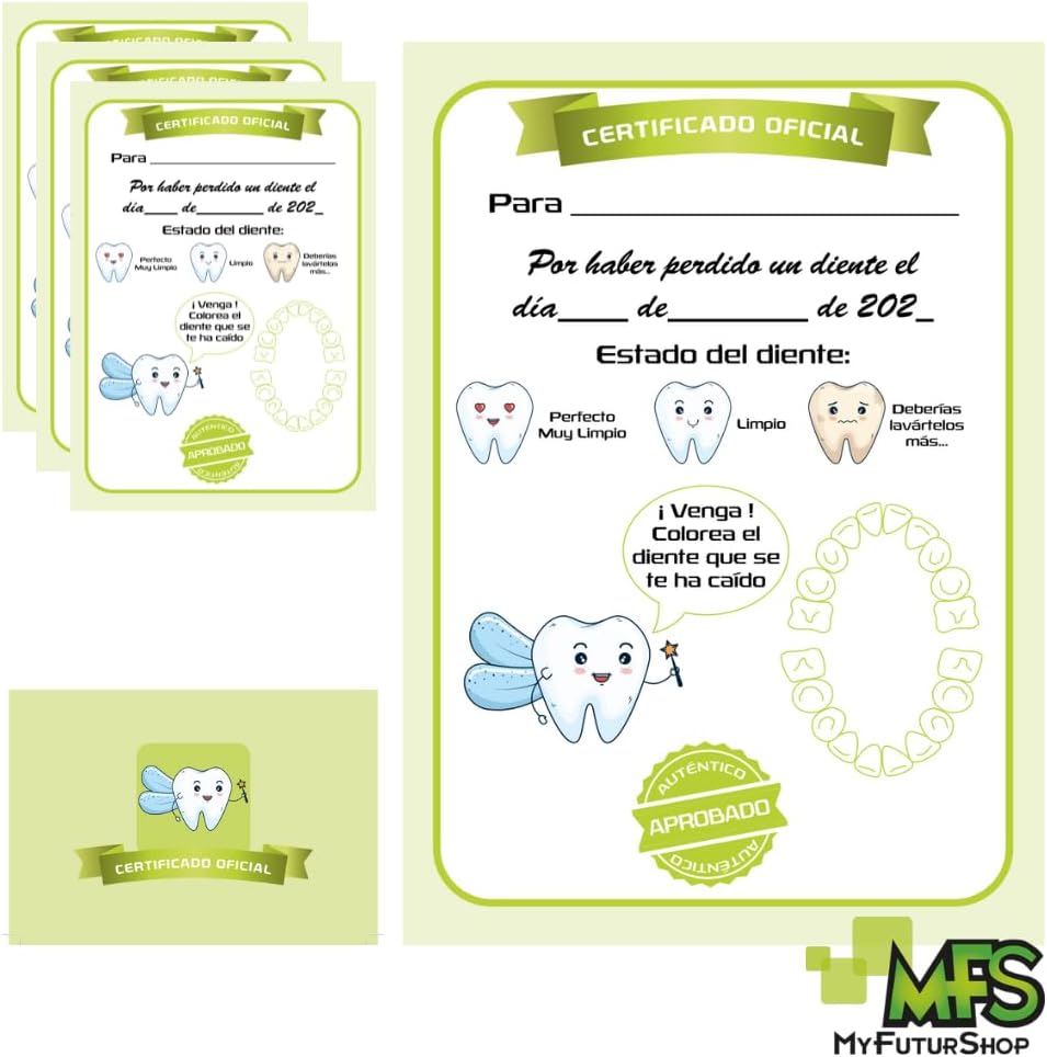 Myfuturshop® Carta HADA DE LOS DIENTES Certificado de diente limpio 10 Unidades. Regalo original para niño y niña. (VERDE)