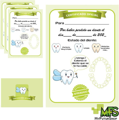 Myfuturshop® Carta HADA DE LOS DIENTES Certificado de diente limpio 10 Unidades. Regalo original para niño y niña. (VERDE)