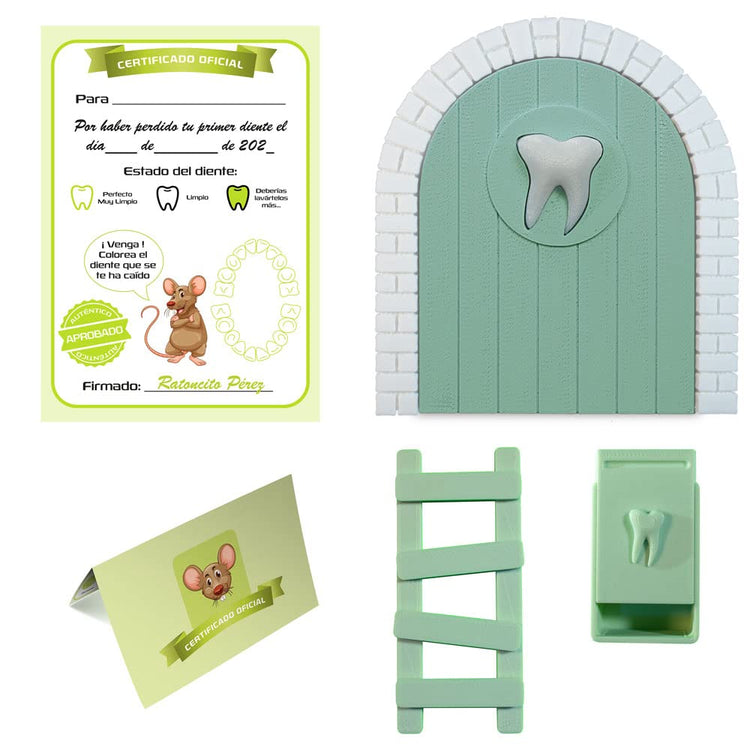 Myfuturshop® Puerta infantil para dejar dientes de leche al Ratoncito Perez. Regalo Original para niño y niña. contiene Caja para los dientes, Escalera y 4 certificados de Diente Limpio. (Rosa)