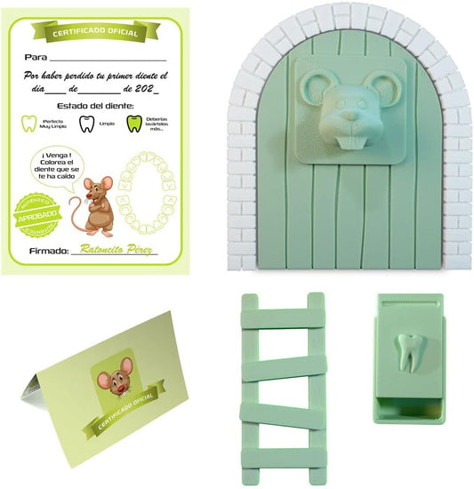 Myfuturshop® Ratoncito Pérez Puerta, Caja para el Diente, Escalera, 4 certificados de Diente Limpio. Regalo Original para niño y niña. VERDE MENTA