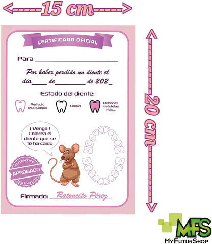 Myfuturshop® Caja dientes de leche + Cartas ratoncito Pérez. Una caja guarda dientes + 10 Certificados de diente limpio. Regalo original para niño y niña. (ROSA)