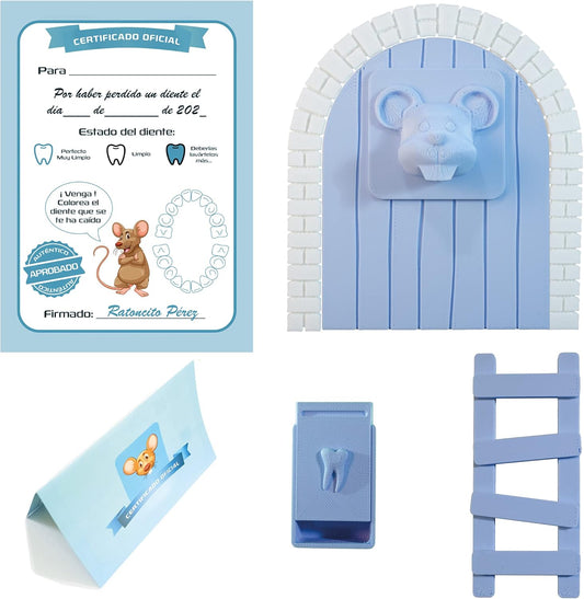 Myfuturshop® Raton Pérez Puerta mágica, Caja para el Diente, Escalera, 4 certificados de Diente Limpio. Regalo Original para niño y niña. Azul