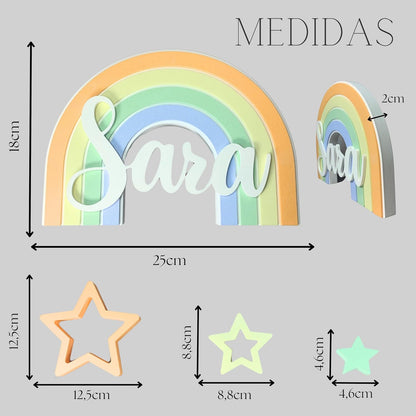 Arcoíris decorativo infantil personalizado con nombre | Regalo para recién nacidos, bautizo, baby shower, cumpleaños o mesa dulce | Estilo Montessori y nórdico | Para colgar o apoyar. (TONOS PASTEL)