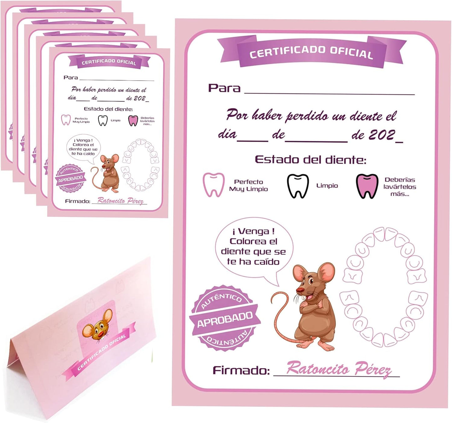 Myfuturshop® Cartas ratoncito Pérez Certificado de diente limpio 10 Unidades. Regalo original para niño y niña. rosa