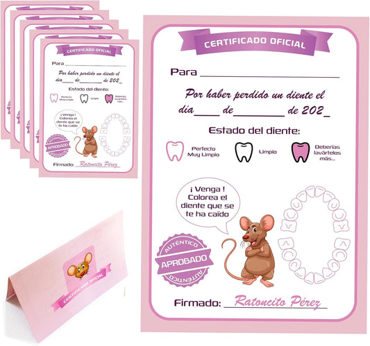Myfuturshop® Cartas ratoncito Pérez Certificado de diente limpio 10 Unidades. Regalo original para niño y niña. rosa