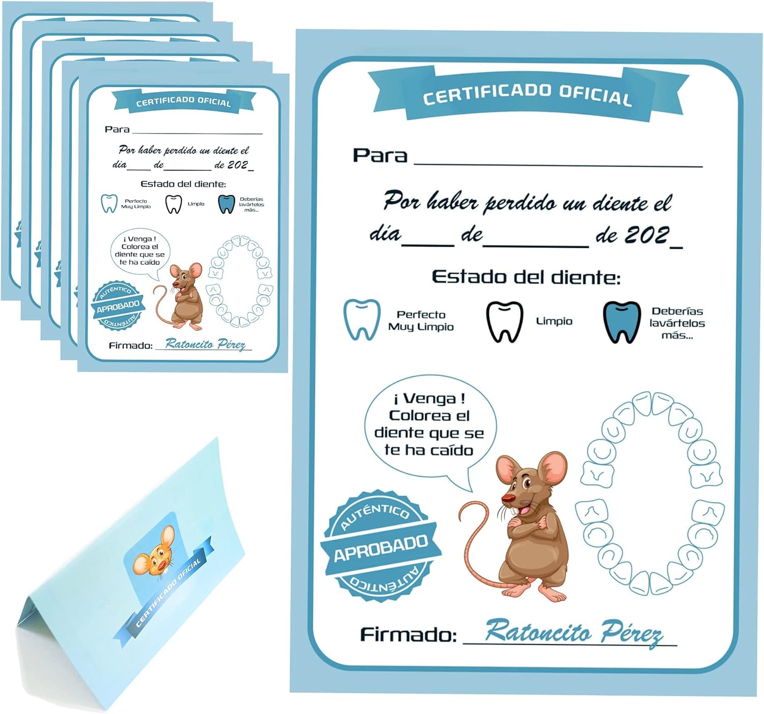 Myfuturshop® Raton Pérez Puerta mágica, Caja para el Diente, Escalera, 4 certificados de Diente Limpio. Regalo Original para niño y niña. Azul