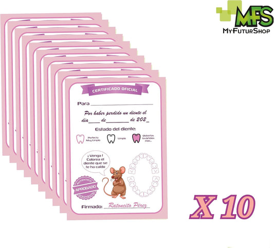 Myfuturshop® Caja dientes de leche + Cartas ratoncito Pérez. Una caja guarda dientes + 10 Certificados de diente limpio. Regalo original para niño y niña. (ROSA)