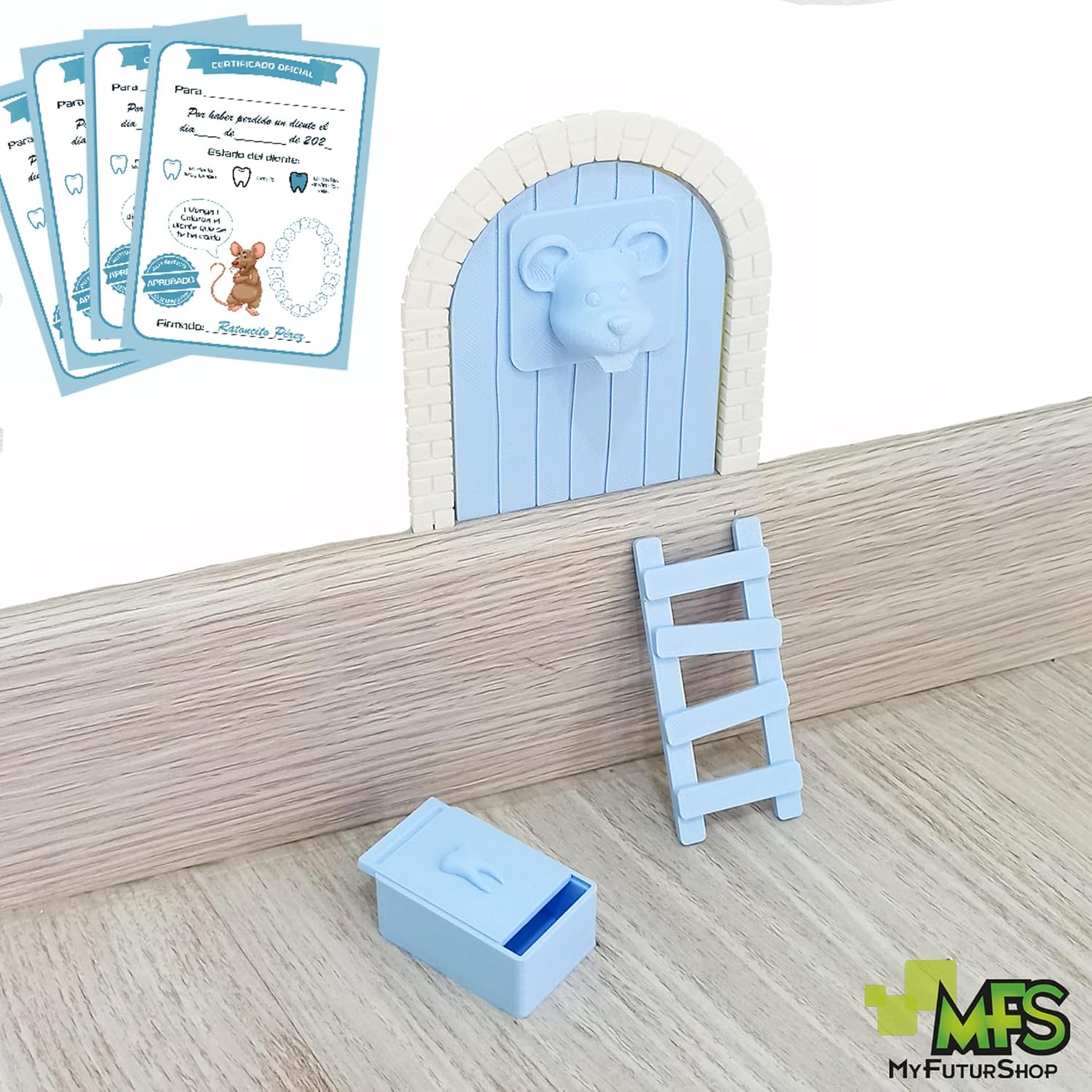 Myfuturshop® Raton Pérez Puerta mágica, Caja para el Diente, Escalera, 4 certificados de Diente Limpio. Regalo Original para niño y niña. Azul